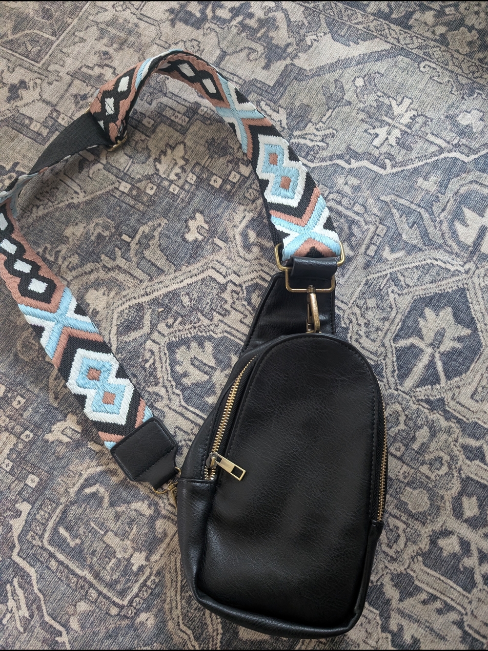Black Crossbody Sling Bag with Patterned Strap